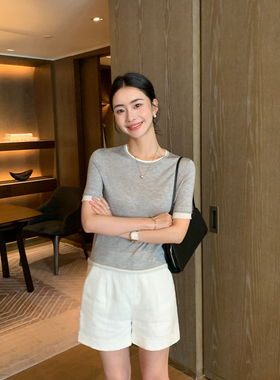 Maven Lin 至简撞色针织衫高支莱赛尔短袖上衣女宽松假两件t恤