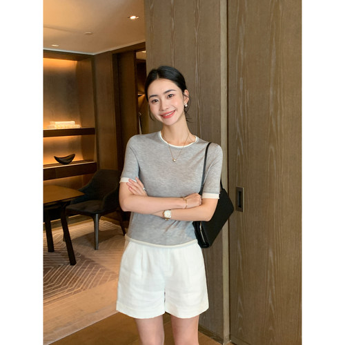 Maven Lin 至简撞色针织衫高支莱赛尔短袖上衣女宽松假两件t恤