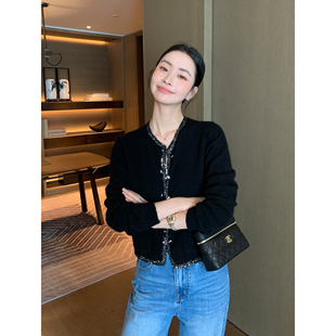 女圆领亮片织带叠穿短款 私服奢华小香风开衫 羊毛外套 Lin Maven