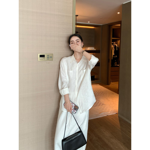 Maven Lin 高智随性通勤白领1OO亚麻衬衫女简约白色宽松衬衣开衫