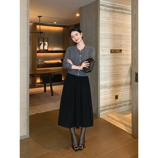 黑色毛呢半身裙女高腰a字中长款 知性高智 大摆伞裙子 Lin Maven