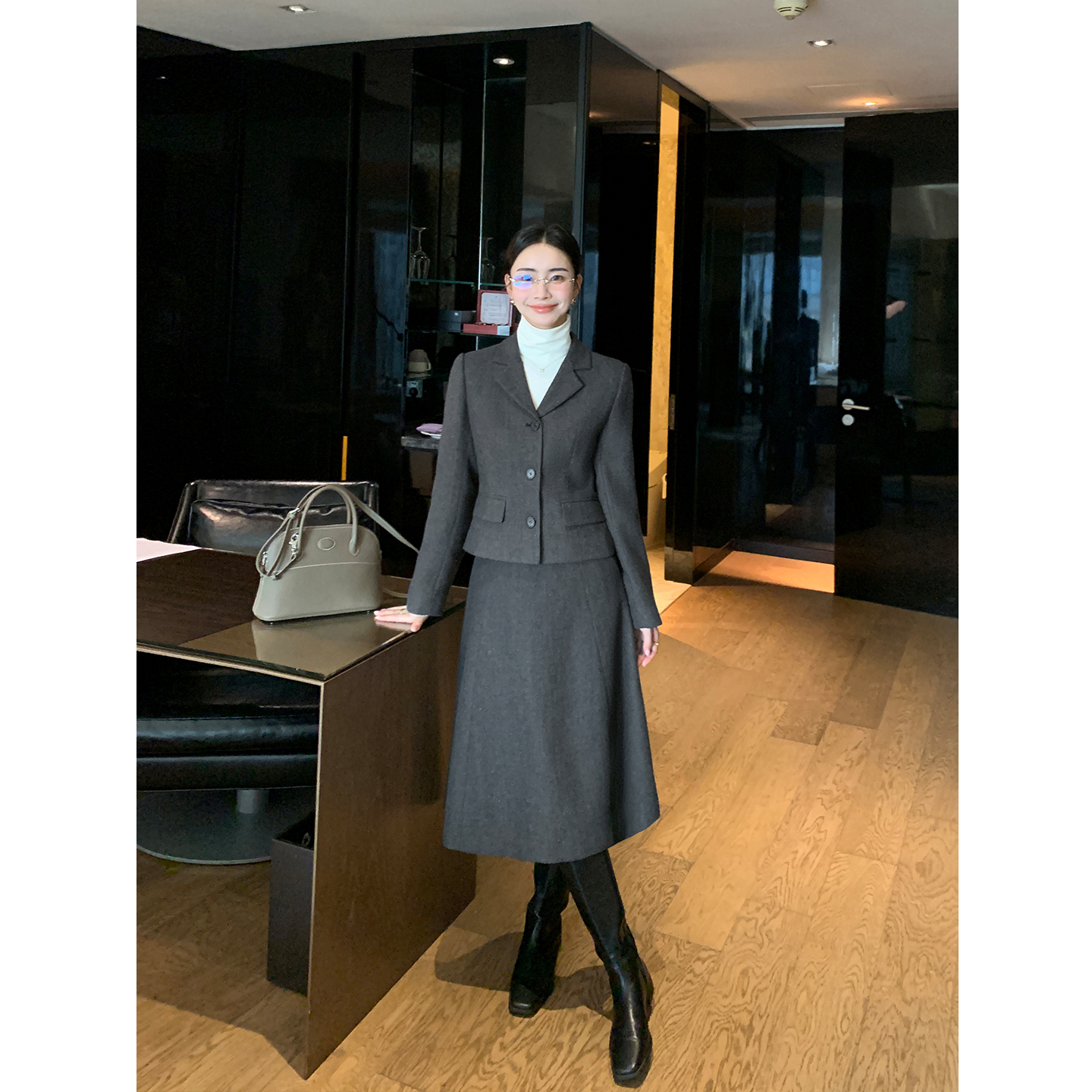 Maven Lin 智性静奢 高级感羊毛呢子西装外套女通勤a字半身裙套装