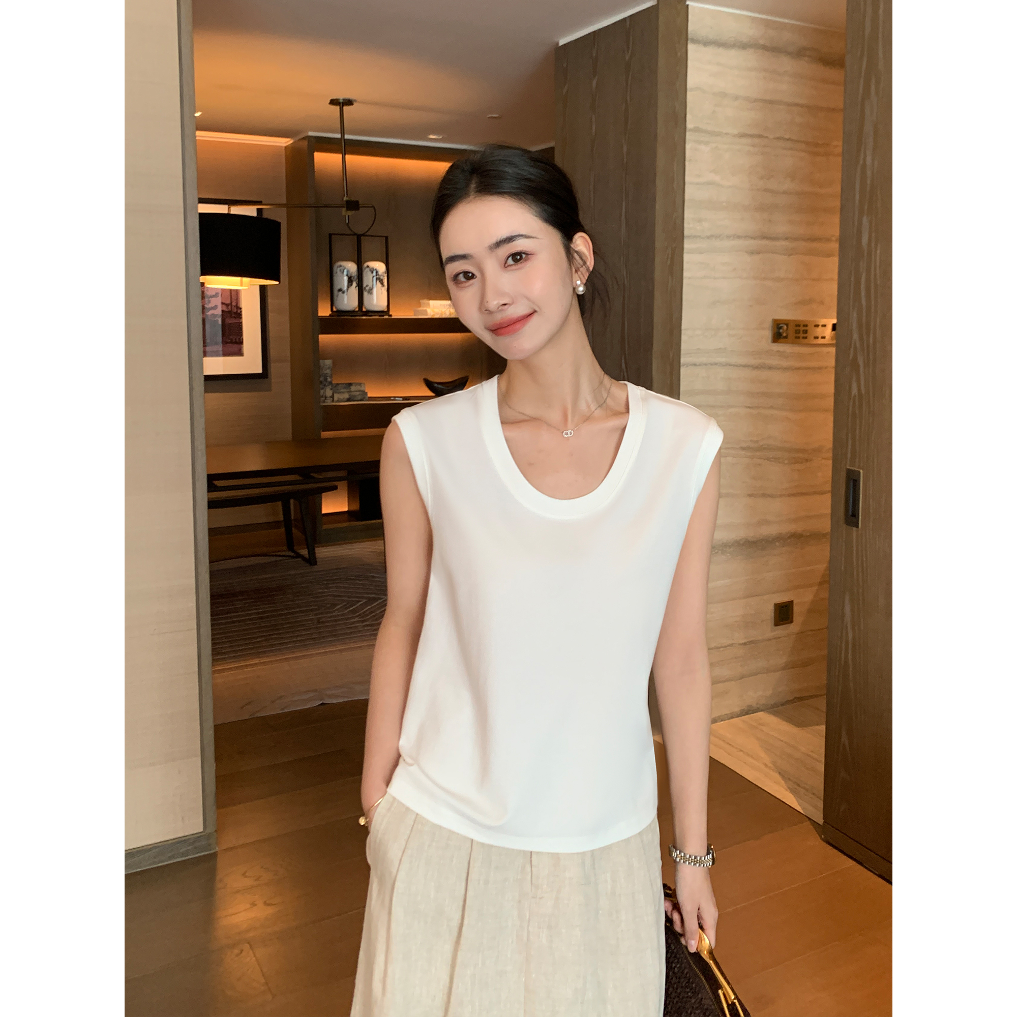 Maven Lin 天枢纱线·气质U领上衣女休闲基础版干练显瘦小飞袖t恤
