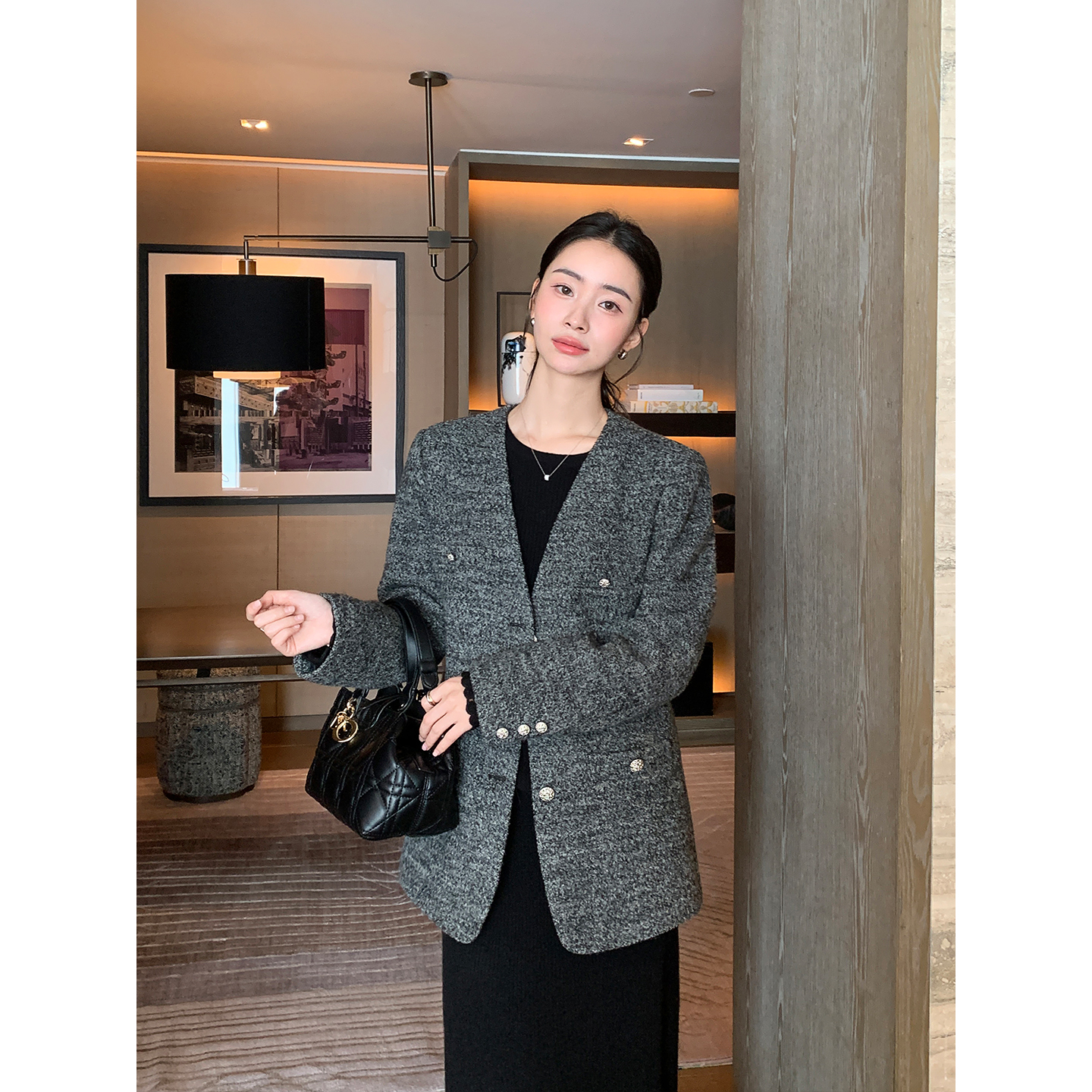 Maven Lin 简奢通勤 经典V领毛呢西装外套女优雅质感羊毛呢子西服