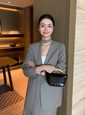 Maven Lin 精致干练羊毛西装外套女春秋韩系v领宽松飘带挂脖西服