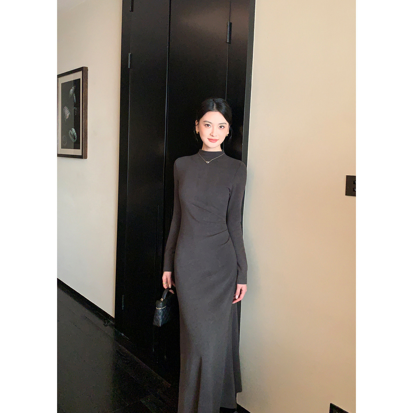 Maven Lin 精简优雅 半高领打底针织连衣裙女气质收腰a字内搭长裙