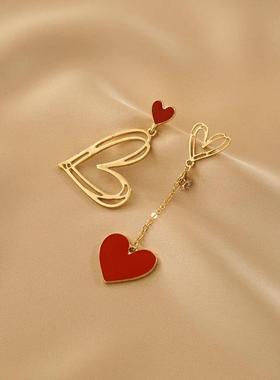 MaisonCleo红色爱心耳环女不对称长款心形耳坠时尚个性耳饰绿色百