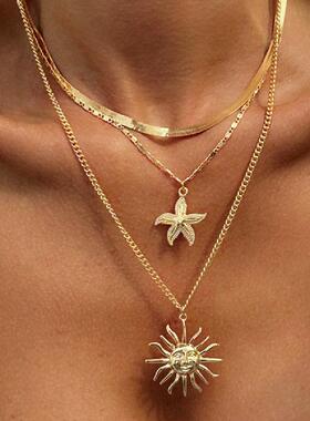 MaisonCleo3件套度假风金属感太阳人脸海星多层项链欧美个性气质
