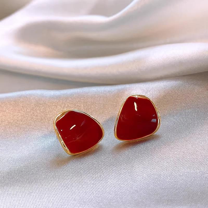 MaisonCleo复古安可拉红滴釉几何耳钉独特气质耳环中古耳饰小众设