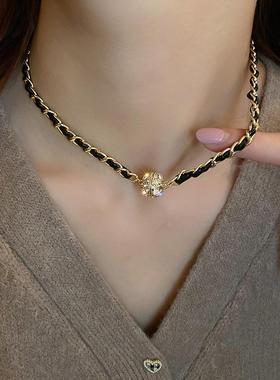 MaisonCleo黑色皮革缠绕链条镶钻磁吸项链欧美气质锁骨链时尚网红