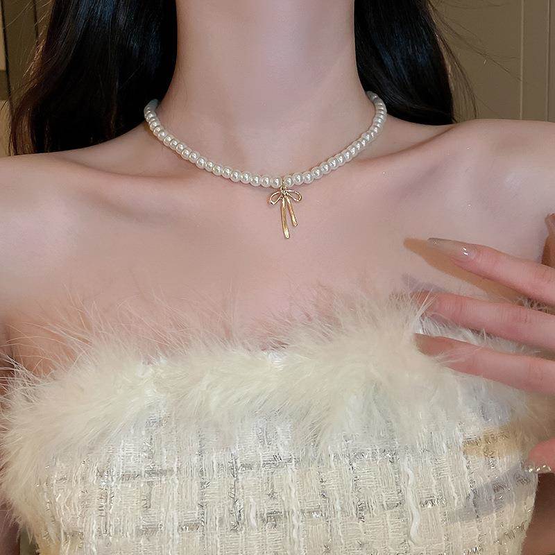 MaisonCleo法式复古珍珠蝴蝶结项链网红简约小众气质高级锁骨项