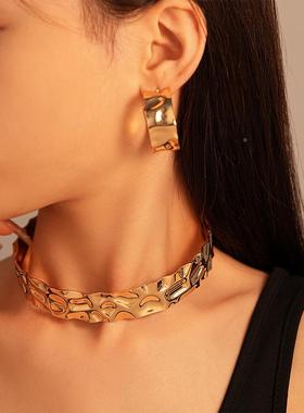 MaisonCleo2件套夸张金属感圆圈几何耳钉项圈个性欧美气质高级感