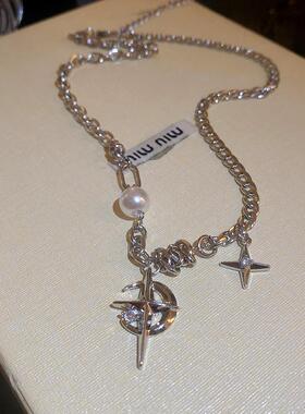 MaisonCleo个性金属风镶钻珍珠芒星月亮项链时尚冷淡风气质高级感