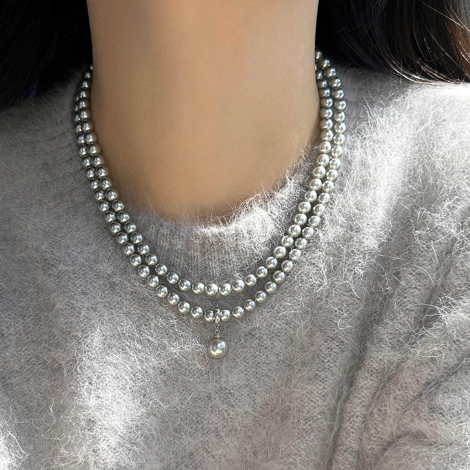 MaisonCleo「优雅装扮」轻奢绿野灰珍珠项链女气质双层叠戴毛衣链