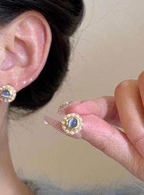 MaisonCleo蓝色猫眼石珍珠耳钉耳饰女独特耳环秋冬耳夹复古耳坠耳