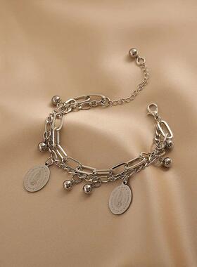 MaisonCleo椭圆牌吊坠手链女小众设计双层链条手饰嘻哈辣妹手镯潮