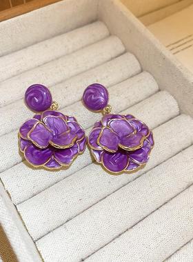 MaisonCleo复古滴油奶油紫色花朵花瓣银针耳环法式时尚小众气质高