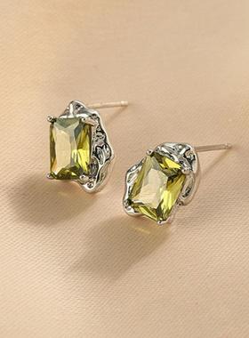 MaisonCleo绿色水晶耳钉女925银针大气减龄耳饰夏新款简约百搭耳