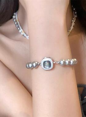 方糖灰珍珠弹力手链复古清冷感