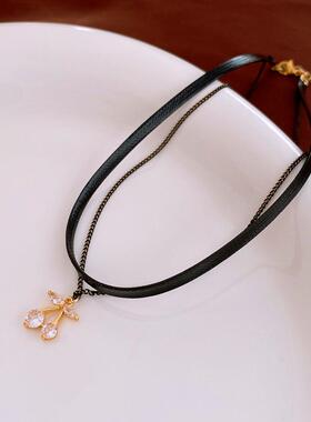 MaisonCleo小众锆石樱桃人工皮革双层锁骨项链个性暗黑风气质简约