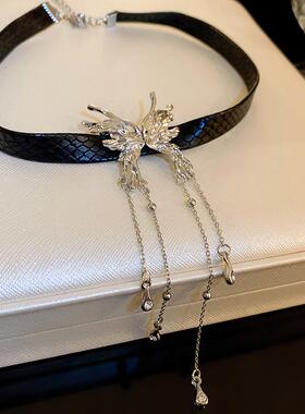 暗黑风皮绳蝴蝶流苏项链