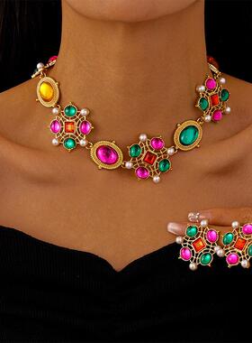 MaisonCleo复古树脂椭圆形仿珍珠方形镂空耳环锁骨项链小众气质高