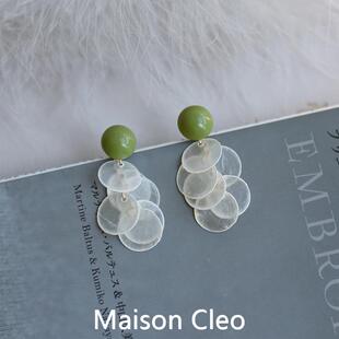 MaisonCleo「韵味巴黎」牛油果天然贝母贝壳925纯银耳夹耳环i个性
