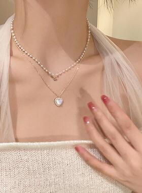 夏季新款珍珠双层爱心叠戴锁骨链