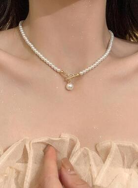 MaisonCleoOT扣珍珠吊坠锁骨链