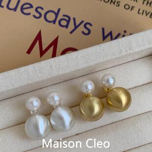MaisonCleo「前卫设计」S925银针拉丝珍珠耳环女一款两戴短款耳钉