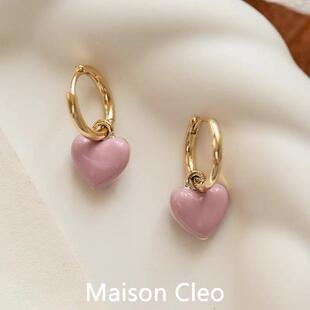 MaisonCleo「复古高雅」小众轻奢气质少女粉色爱心珐琅耳环耳扣女