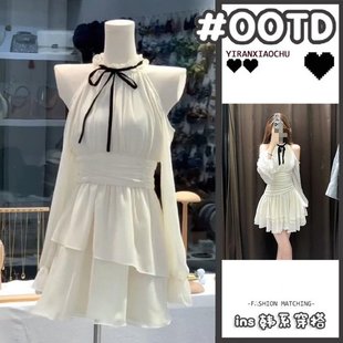 法式名媛露肩性感挂脖连衣裙女夏季2025新款纯欲气质收腰公主短裙