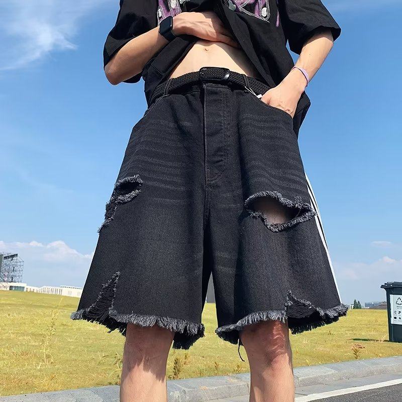 外贸破洞牛仔短裤男夏季美式复古三条杠裤子设计感小众宽松大裤衩,男装,短裤,淘宝优惠券,粉丝福利购,淘宝优惠卷