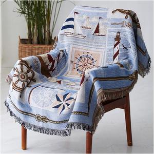 地中海风格布艺单双人沙发巾盖布四季沙发垫套罩全包沙发毯子蓝色