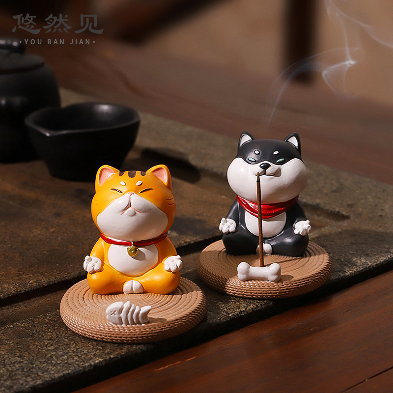 创意礼物卡通动物猫狗家居客厅茶几桌面装饰香插摆件树脂手机支架