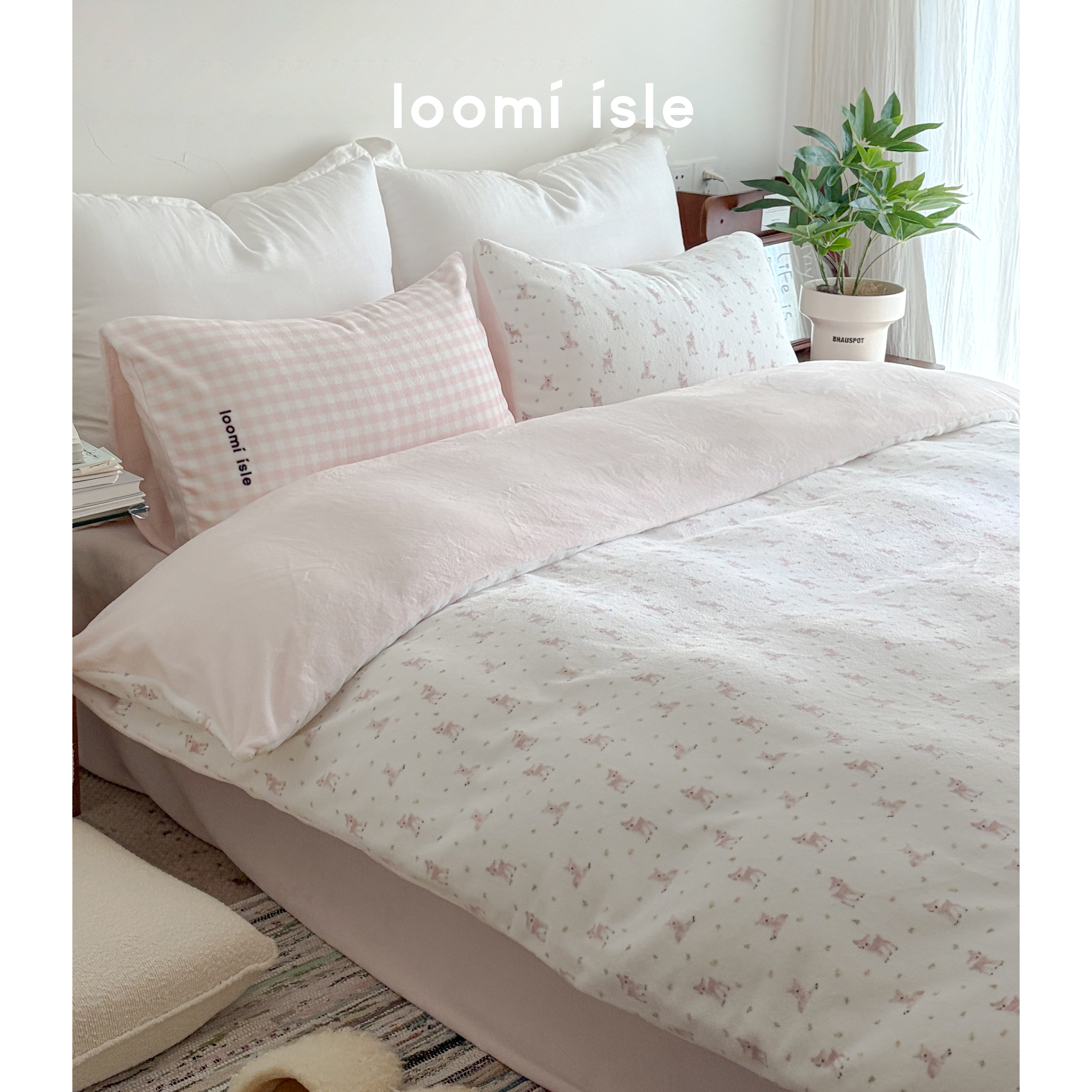 2025新小众原创设计韩系高级粉格小鹿牛奶绒四件套床单被套