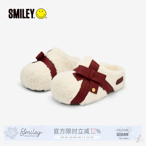 SMILEY笑脸白冬季女蝴蝶结穆勒拖