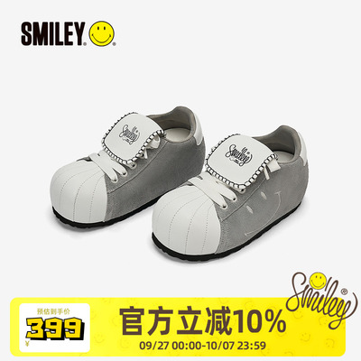 SMILEY笑脸贝壳头泡芙灰色翻盖女大头鞋厚底增高系带丑萌面包鞋子