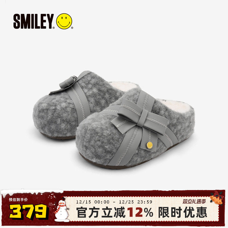 SMILEY笑脸毛绒冬季女灰色蝴蝶结穆勒拖鞋勃肯外穿一脚蹬厚底增高