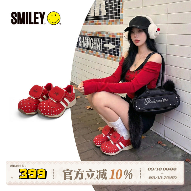 SMILEY笑脸蘑菇系列红色女丑萌波点翻盖圆头增高慢跑鞋复古休闲鞋