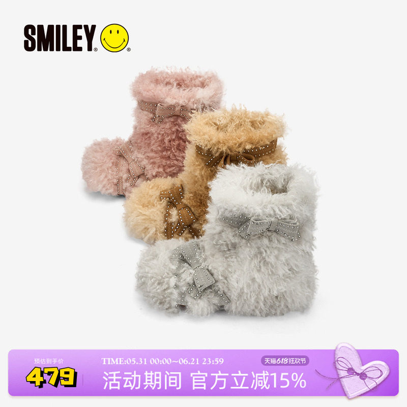 SMILEY笑脸毛绒粉色冬季女款蝴蝶结甜美保暖厚底增高泰迪毛毛棉靴