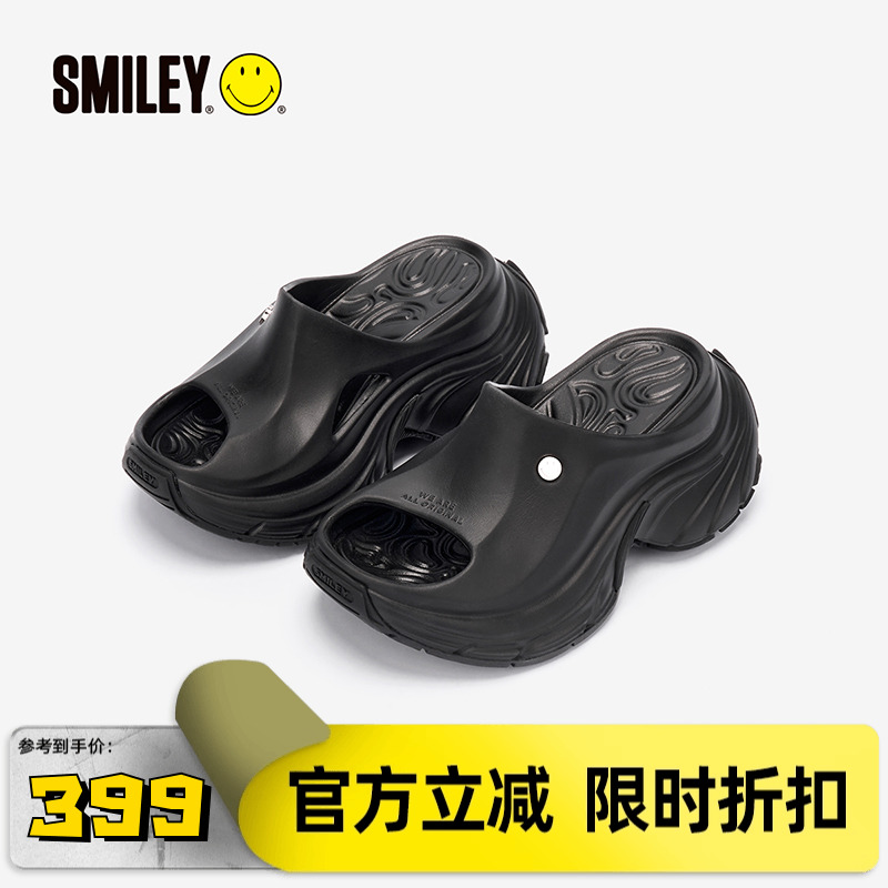 SMILEY笑脸拖鞋黑色新款厚底增高9CM沙滩凉鞋夏百搭运动休闲女鞋