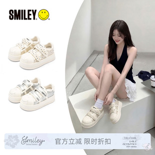 SMILEY笑脸白色贝壳头毛毛虫波点魔术贴春季厚底增高板鞋休闲鞋子