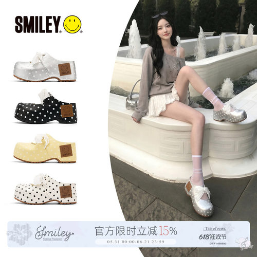 SMILEY笑脸蕾丝高跟玛丽珍半拖鞋