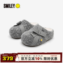SMILEY笑脸毛绒冬季女灰色蝴蝶结穆勒拖鞋勃肯外穿一脚蹬厚底增高