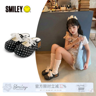 【鞠婧祎同款】SMILEY笑脸波点黑色蕾丝玛丽珍厚底高跟增高半拖鞋