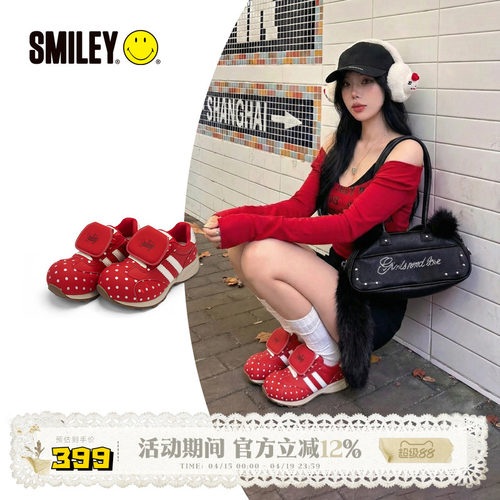 SMILEY笑脸红色波点女翻盖慢跑鞋