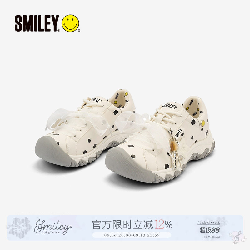 SMILEY笑脸白色大头波点丝带蝴蝶结双鞋带女休闲厚底增高慢跑鞋子