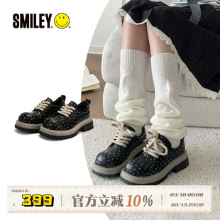 SMILEY笑脸黑色波点女小皮鞋德比鞋乐福鞋增高春季圆头学院风休闲