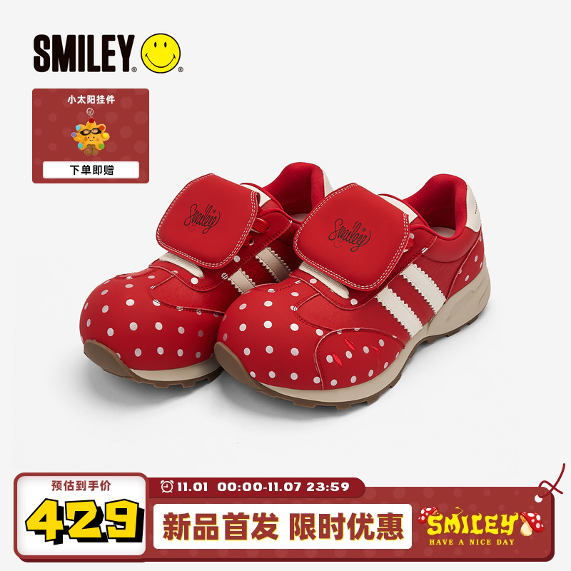 SMILEY笑脸蘑菇系列红色女丑萌波点翻盖圆头增高慢跑鞋复古休闲鞋